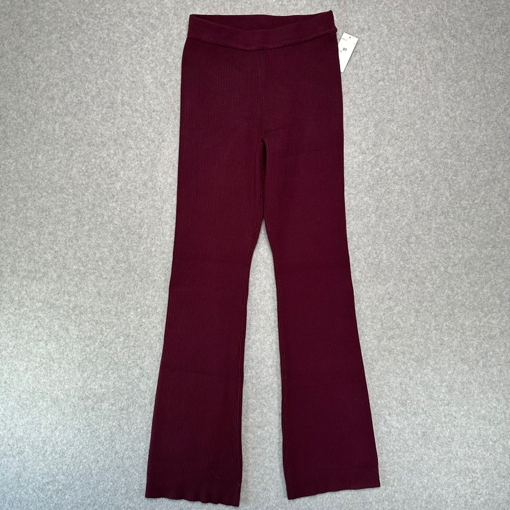 House of Harlow 1960 Ribbed Knit Flare Pants Fig Burgundy XS HH10185A New